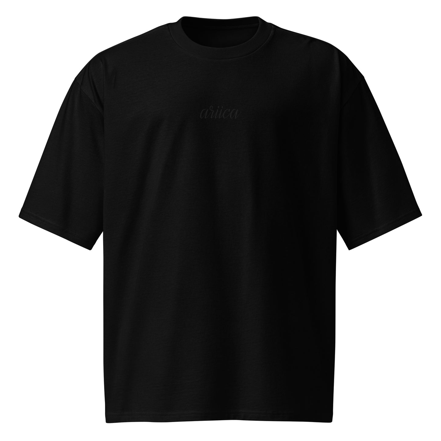 Oversized Black Heavyweight Tee with black Embroidery displayed on a ghost mannequin, showcasing minimalist luxury and relaxed fit