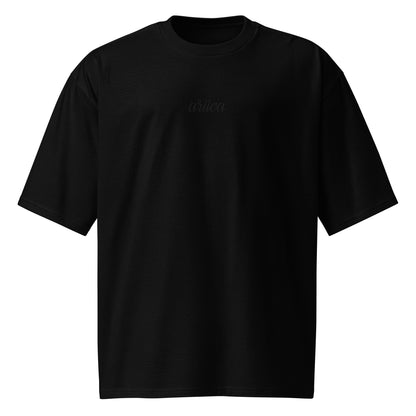 Oversized Black Heavyweight Tee with black Embroidery displayed on a ghost mannequin, showcasing minimalist luxury and relaxed fit
