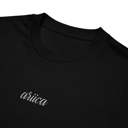 Close-up of the Oversized Black Heavyweight Tee with intricate white Embroidery, highlighting premium detail and craftsmanship