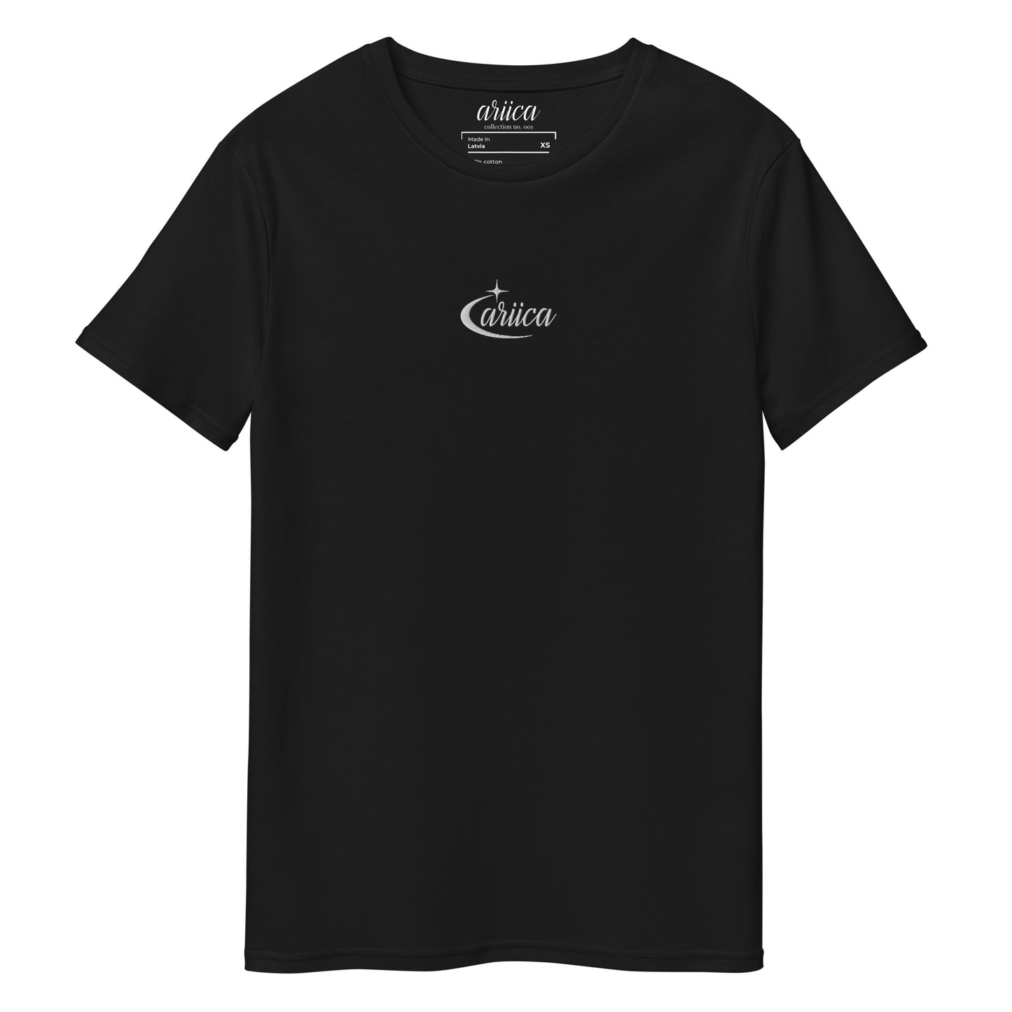 Premium Black Cotton Tee with white Celestial Embroidery displayed on a ghost mannequin, showcasing minimalist luxury and classic fit