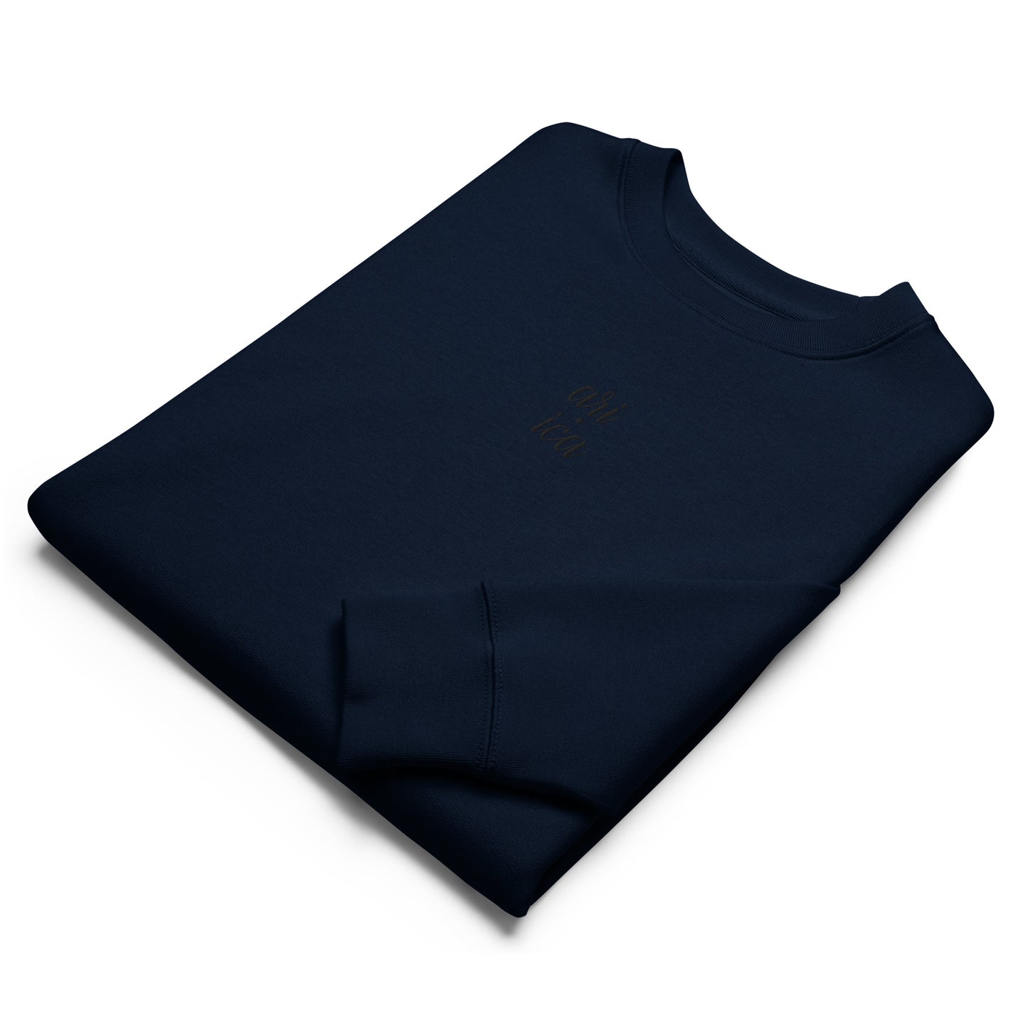 Folded French Navy Organic Sweatshirt with black spilt Embroidery, featuring minimalist luxury and sustainable craftsmanship.