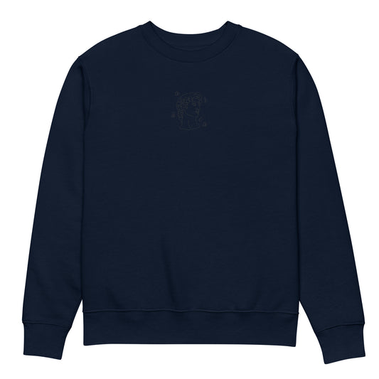 French Navy Organic Sweatshirt with French Navy Modern Classics Embroidery displayed on a ghost mannequin, showcasing minimalist design and premium craftsmanship.