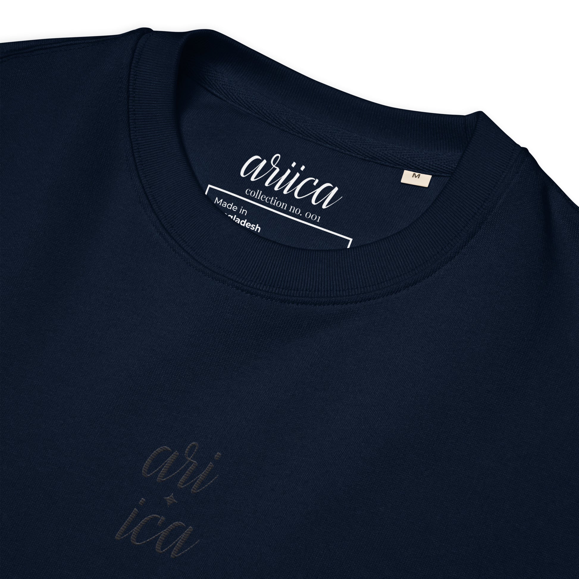 Close-up of the French Navy Organic Sweatshirt with detailed French Navy Split Embroidery, highlighting the intricate stitching and luxurious fabric.