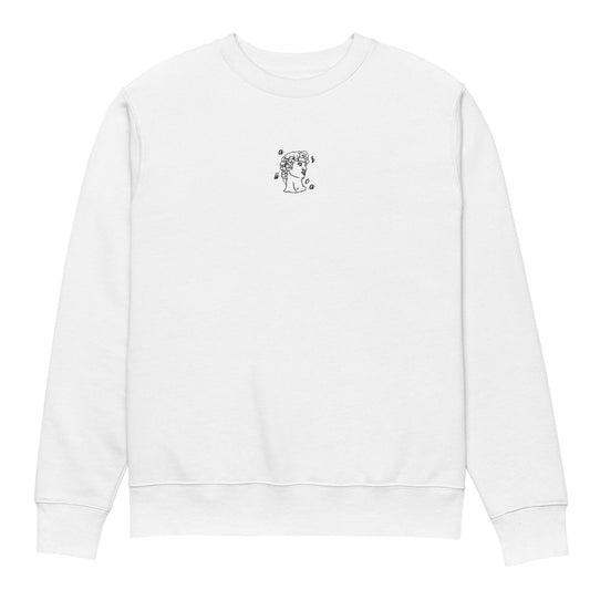 White Organic Sweatshirt with black Modern Classics Embroidery displayed on a ghost mannequin, showcasing minimalist design and premium craftsmanship.
