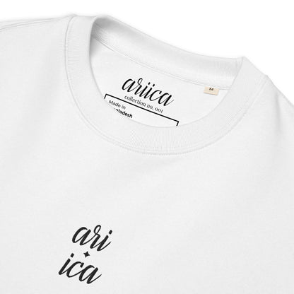 Close-up of the white Organic Sweatshirt with detailed black split Embroidery, highlighting the intricate stitching and luxurious fabric.
