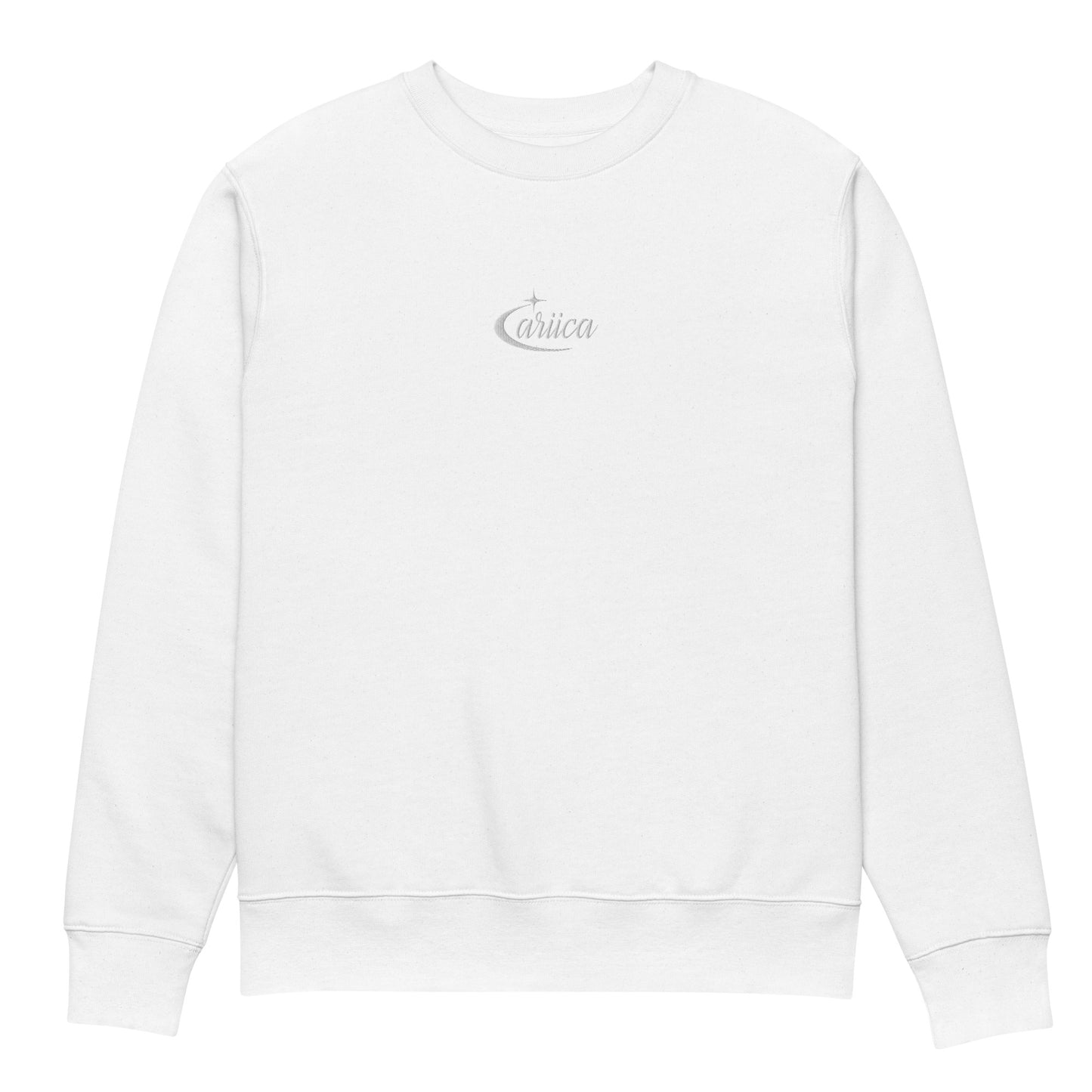 White Organic Sweatshirt with white Celestial Embroidery displayed on a ghost mannequin, showcasing minimalist design and premium craftsmanship.