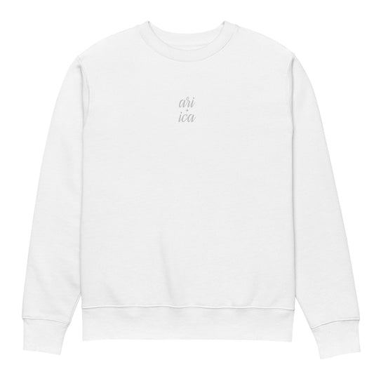 White Organic Sweatshirt with white Split Embroidery displayed on a ghost mannequin, showcasing minimalist design and premium craftsmanship.