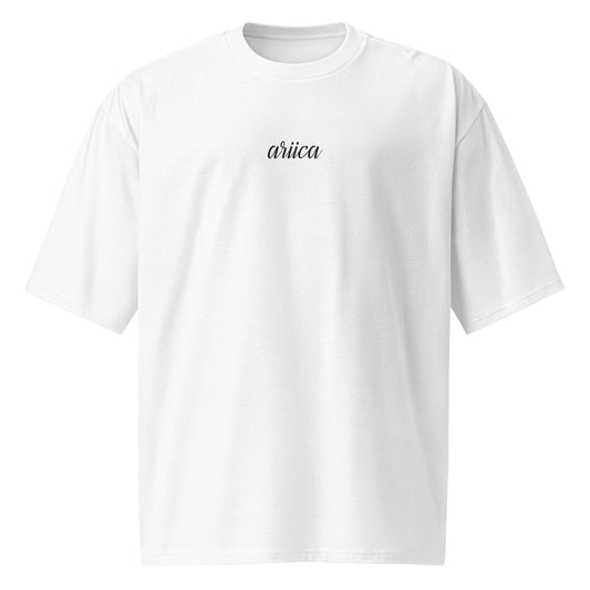 Oversized White Heavyweight Tee with black Embroidery displayed on a ghost mannequin, showcasing minimalist luxury and relaxed fit