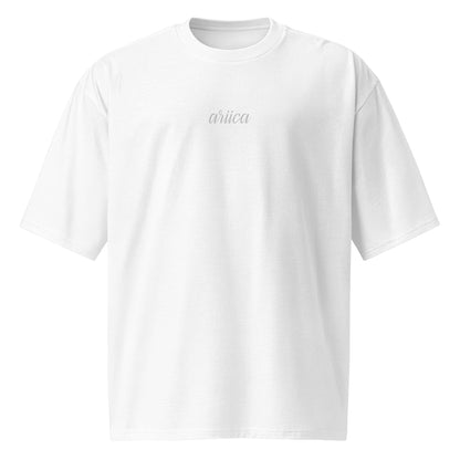 Oversized White Heavyweight Tee with white Embroidery displayed on a ghost mannequin, showcasing minimalist luxury and relaxed fit