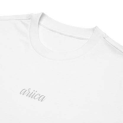 Close-up of the Oversized White Heavyweight Tee with intricate white Embroidery, highlighting premium detail and craftsmanship