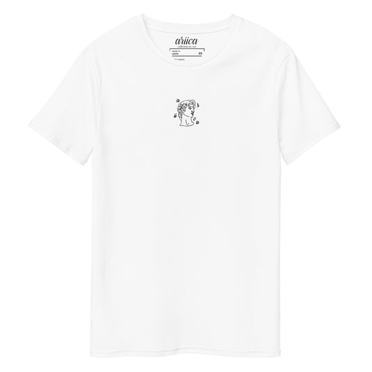 Premium White Cotton Tee with black Modern Classics Embroidery displayed on a ghost mannequin, showcasing minimalist luxury and classic fit