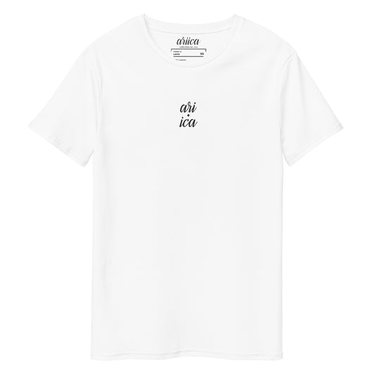 Premium White Cotton Tee with black Split Embroidery displayed on a ghost mannequin, showcasing minimalist luxury and classic fit