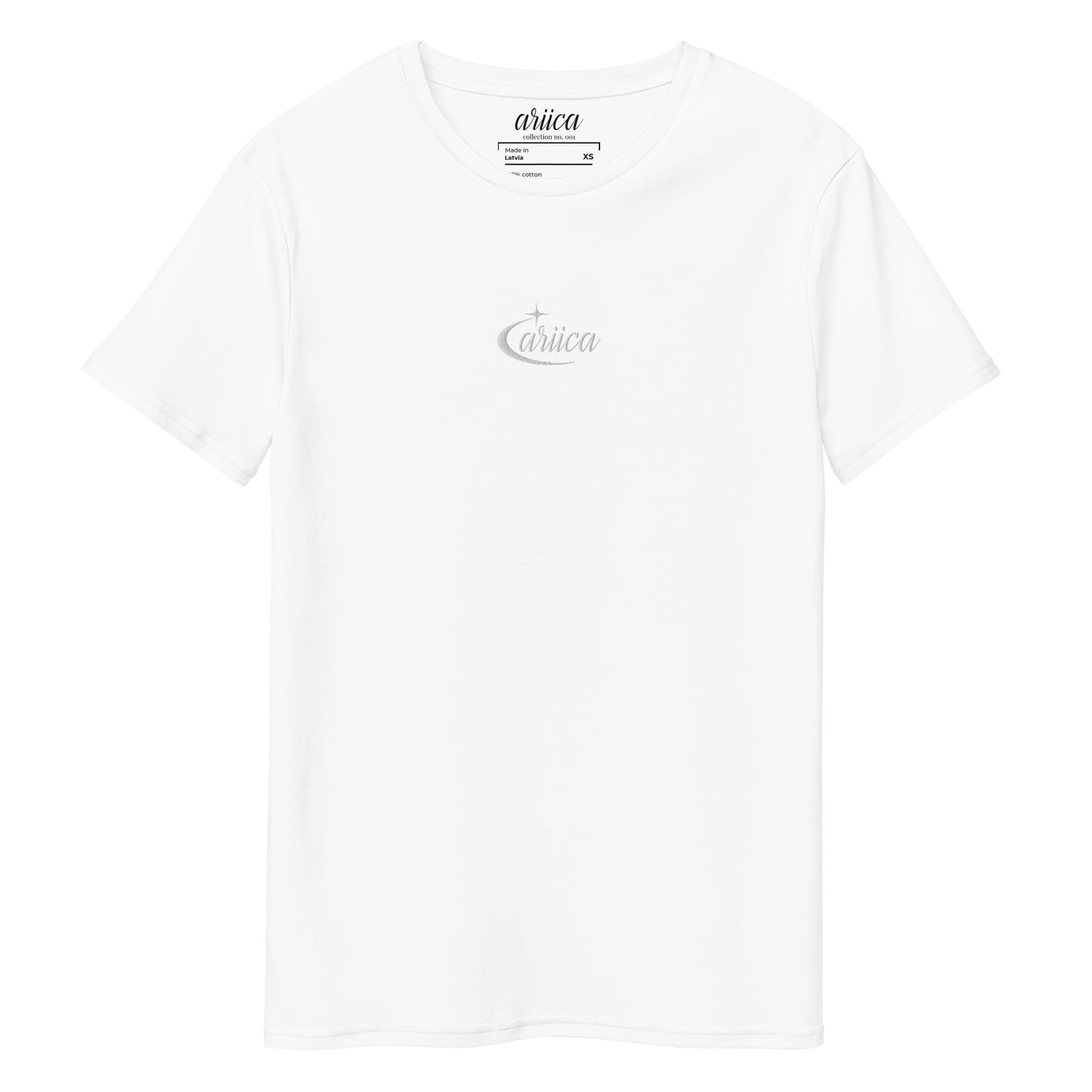 Premium White Cotton Tee with white Celestial Embroidery displayed on a ghost mannequin, showcasing minimalist luxury and classic fit