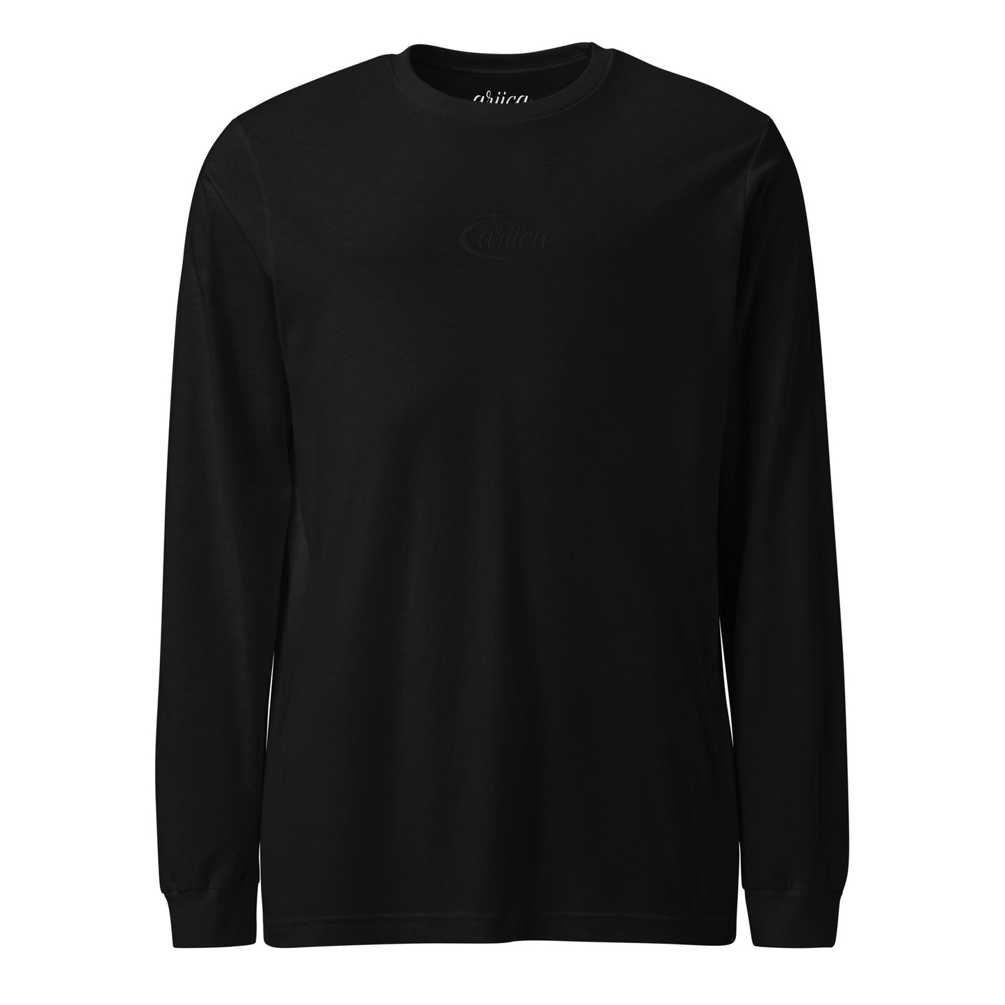 Black Long Sleeve Tee with black Celestial Embroidery displayed on a ghost mannequin, showcasing minimalist luxury design.