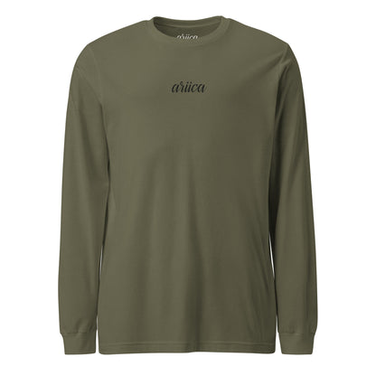 Military green Long Sleeve Tee with black Embroidery displayed on a ghost mannequin, showcasing minimalist luxury design.