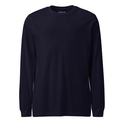 Navy Long Sleeve Tee with black Embroidery displayed on a ghost mannequin, showcasing minimalist luxury design.