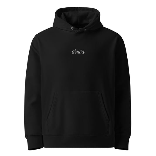 Black Premium Essential Hoodie with white embroidery, displayed on a ghost mockup.