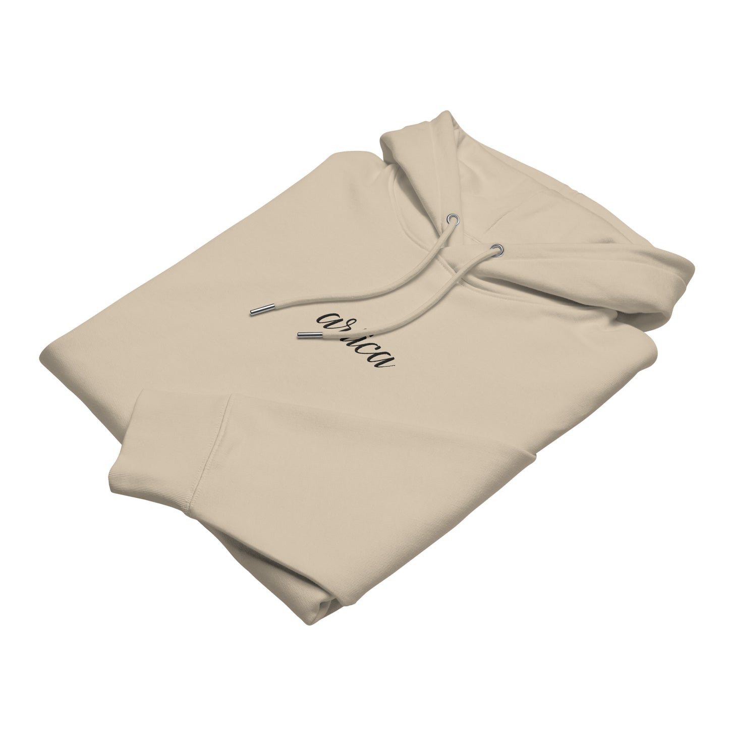 Desert dust Premium Essential Hoodie with black embroidery, folded neatly to showcase design details.