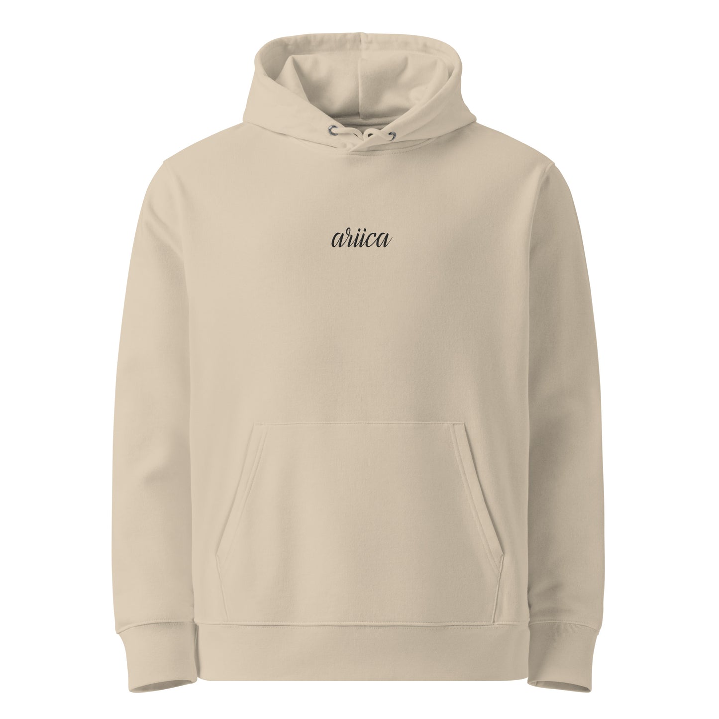 Desert dust Premium Essential Hoodie with black embroidery, displayed on a ghost mockup.