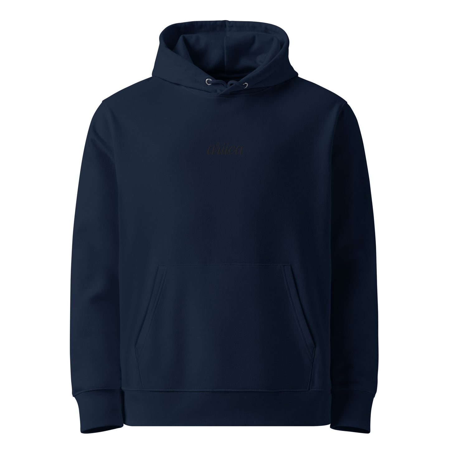 French navy Premium Essential Hoodie with black embroidery, displayed on a ghost mockup.