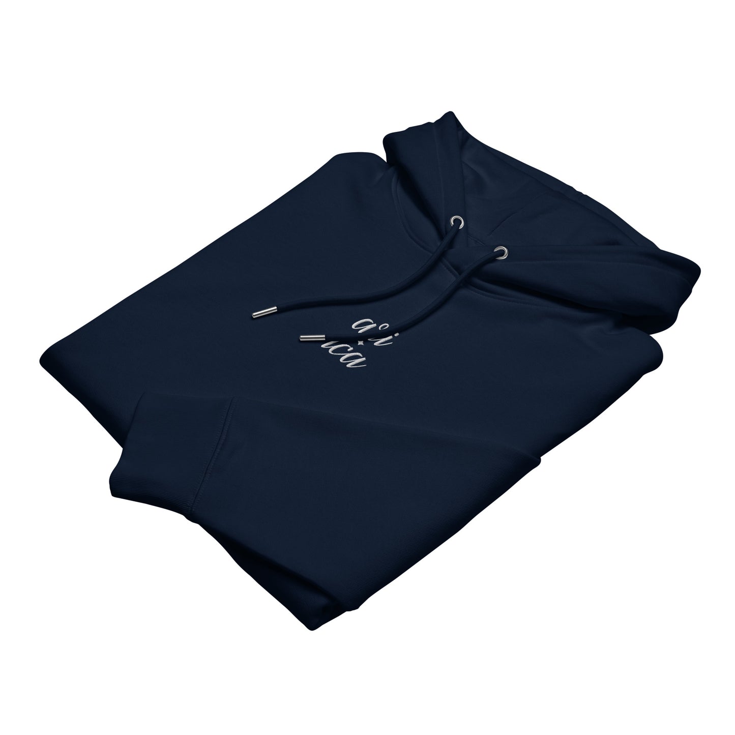 French navy Premium Essential Hoodie with white Split embroidery, folded neatly to showcase design details.