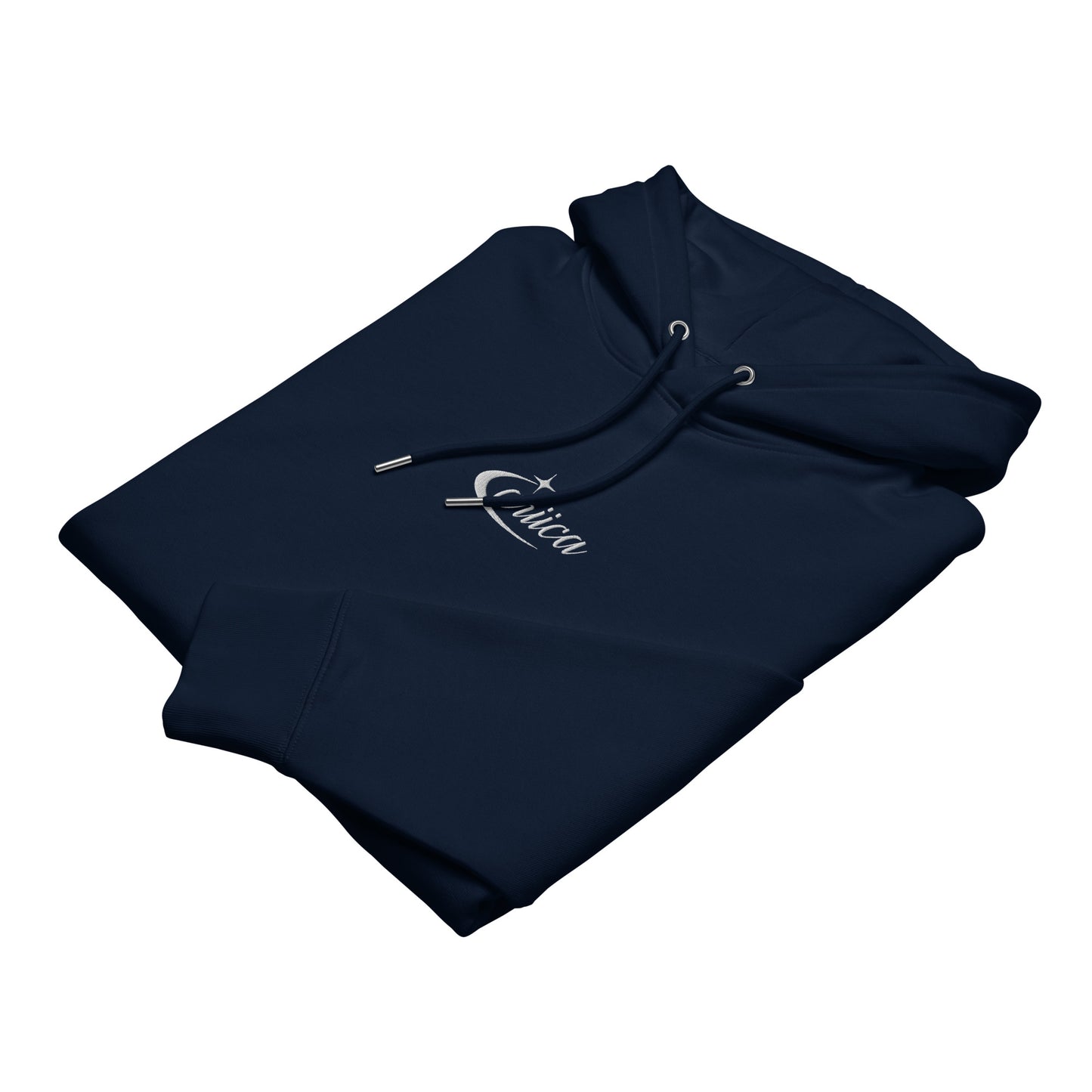 French navy Premium Essential Hoodie with white Celestial embroidery, folded neatly to showcase design details.