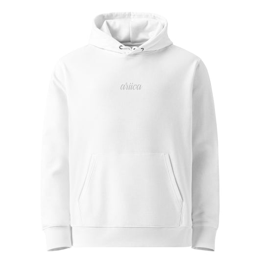 White Premium Essential Hoodie with white embroidery, displayed on a ghost mockup.