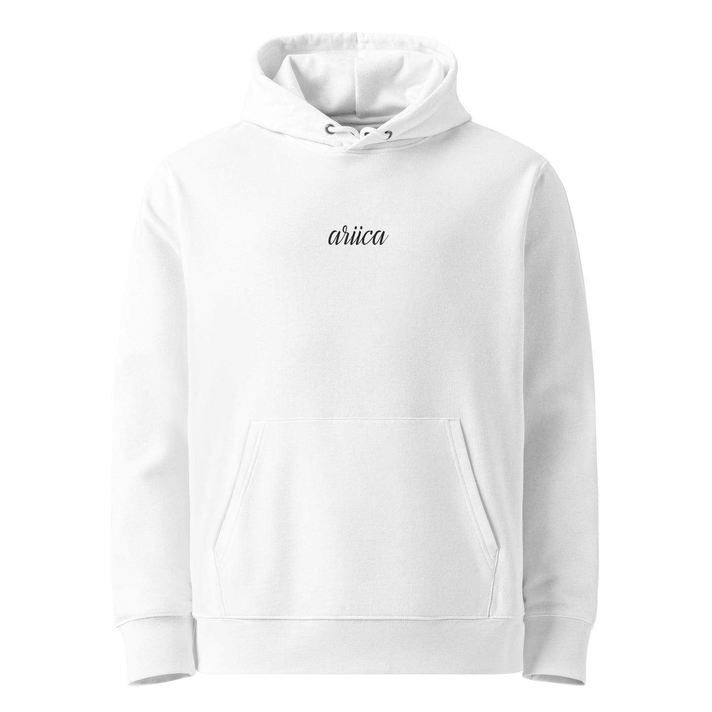 White Premium Essential Hoodie with black embroidery, displayed on a ghost mockup.