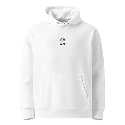 White Premium Essential Hoodie with black Modern Classics embroidery, displayed on a ghost mockup.