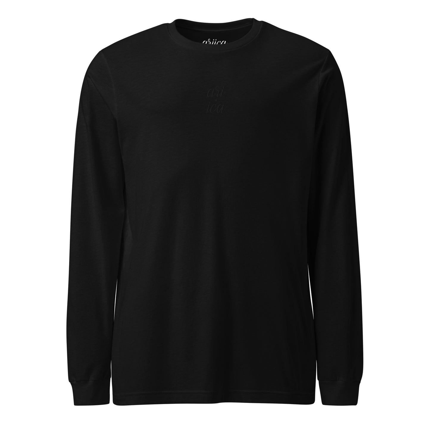 Black Long Sleeve Tee with black Split Embroidery displayed on a ghost mannequin, showcasing minimalist luxury design.