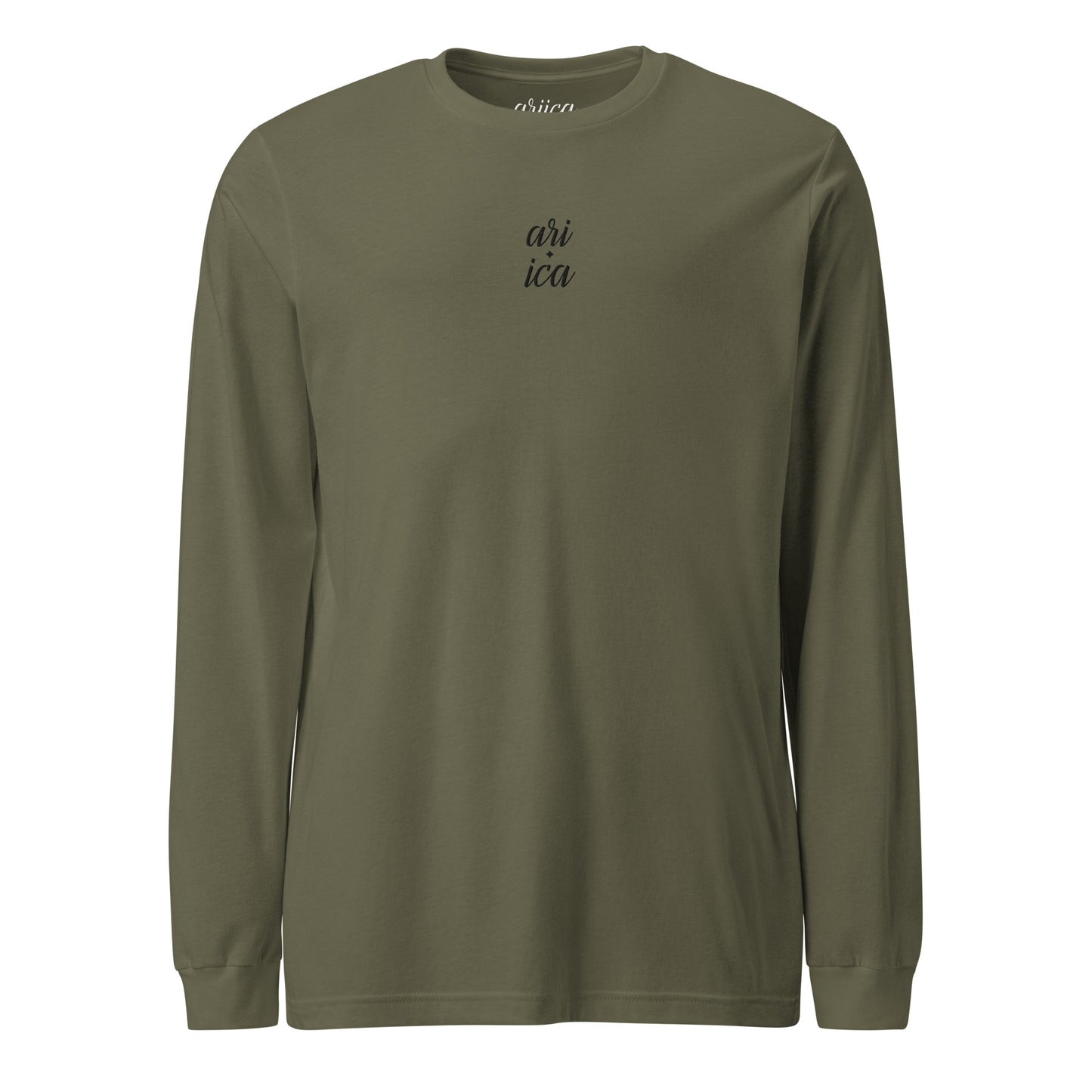 Military green Long Sleeve Tee with black Split Embroidery displayed on a ghost mannequin, showcasing minimalist luxury design.