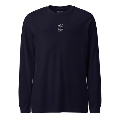 Navy Long Sleeve Tee with white Split Embroidery displayed on a ghost mannequin, showcasing minimalist luxury design.