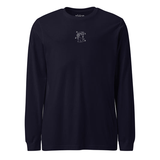 Navy Long Sleeve Tee with white Modern Classics Embroidery displayed on a ghost mannequin, showcasing minimalist luxury design.