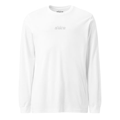 White Long Sleeve Tee with white Embroidery displayed on a ghost mannequin, showcasing minimalist luxury design.