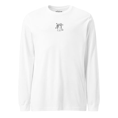 White Long Sleeve Tee with black Modern Classics Embroidery displayed on a ghost mannequin, showcasing minimalist luxury design.