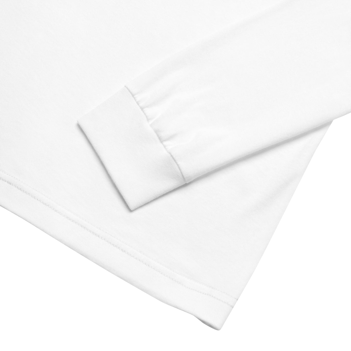 White Long Sleeve Tee with white Embroidery product close up details, showcasing minimalist luxury design.