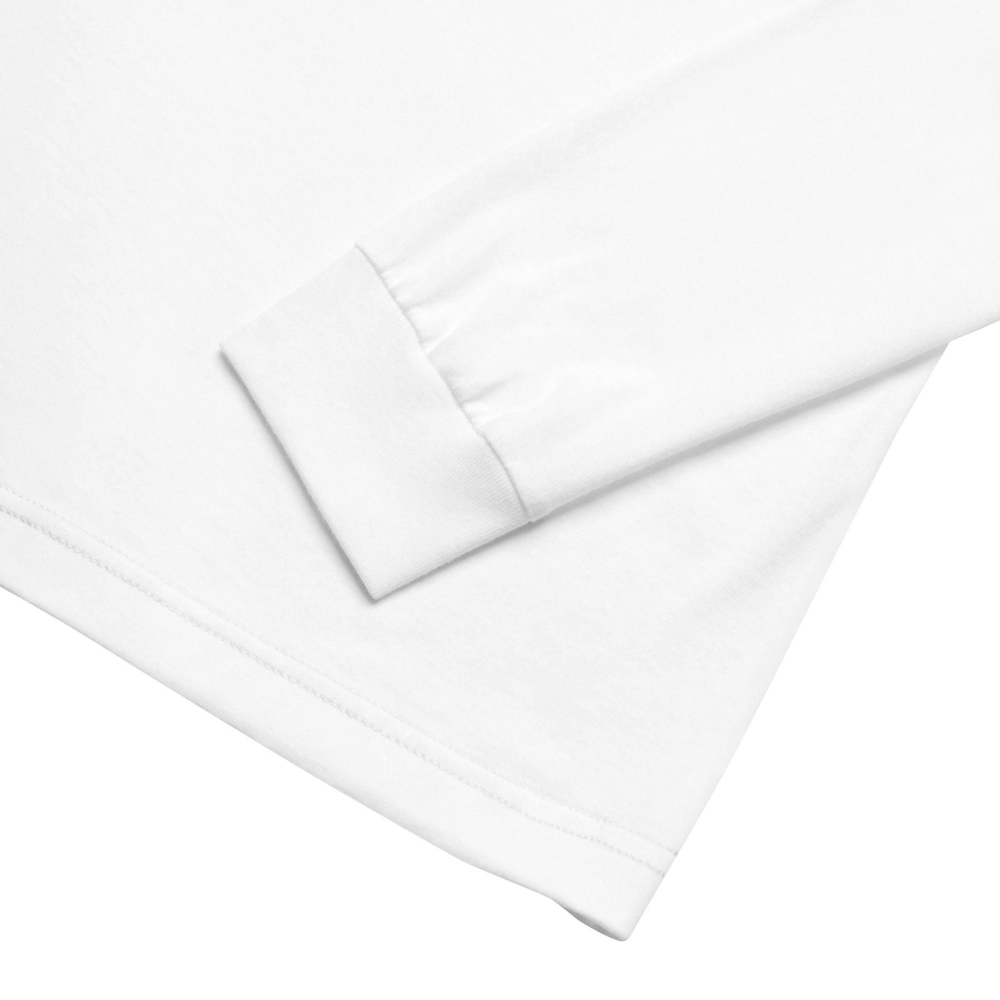 White Long Sleeve Tee with white Embroidery product close up details, showcasing minimalist luxury design.