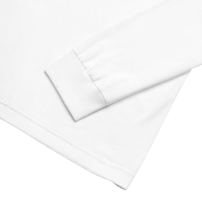 White Long Sleeve Tee with white Split Embroidery product close up details, showcasing minimalist luxury design.