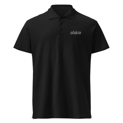 Black Premium Polo Shirt with subtle white embroidery, displayed on a ghost mockup to highlight its sleek design and high-quality craftsmanship.