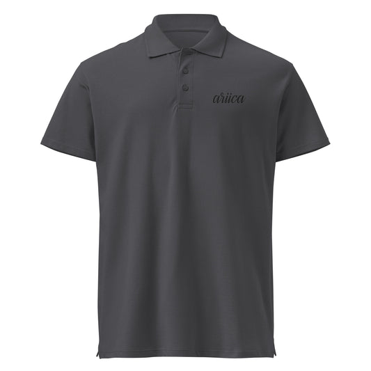 Mouse grey Premium Polo Shirt with subtle black embroidery, displayed on a ghost mockup to highlight its sleek design and high-quality craftsmanship.