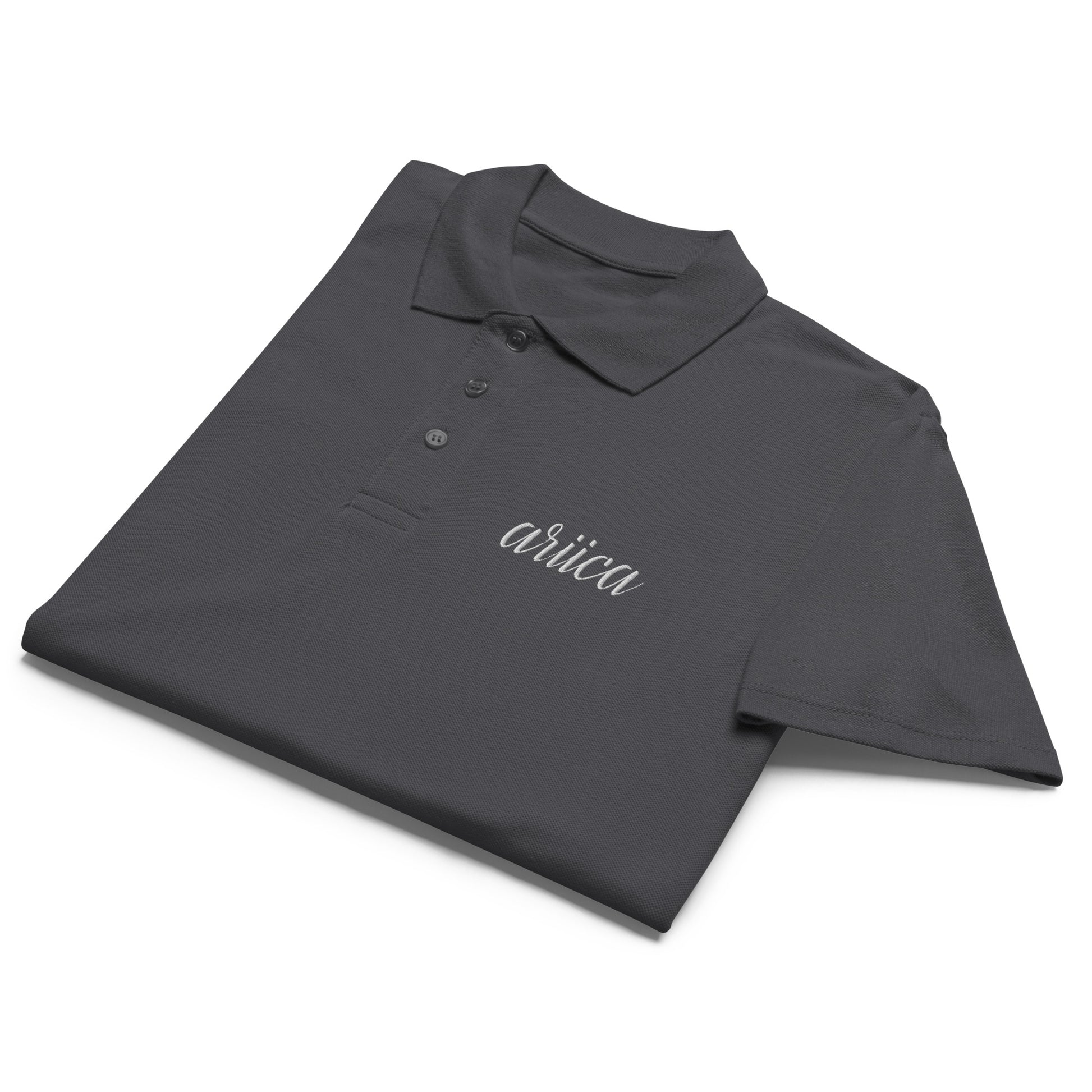 Mouse grey Premium Polo Shirt with white embroidery, neatly folded to showcase its soft fabric and refined design.