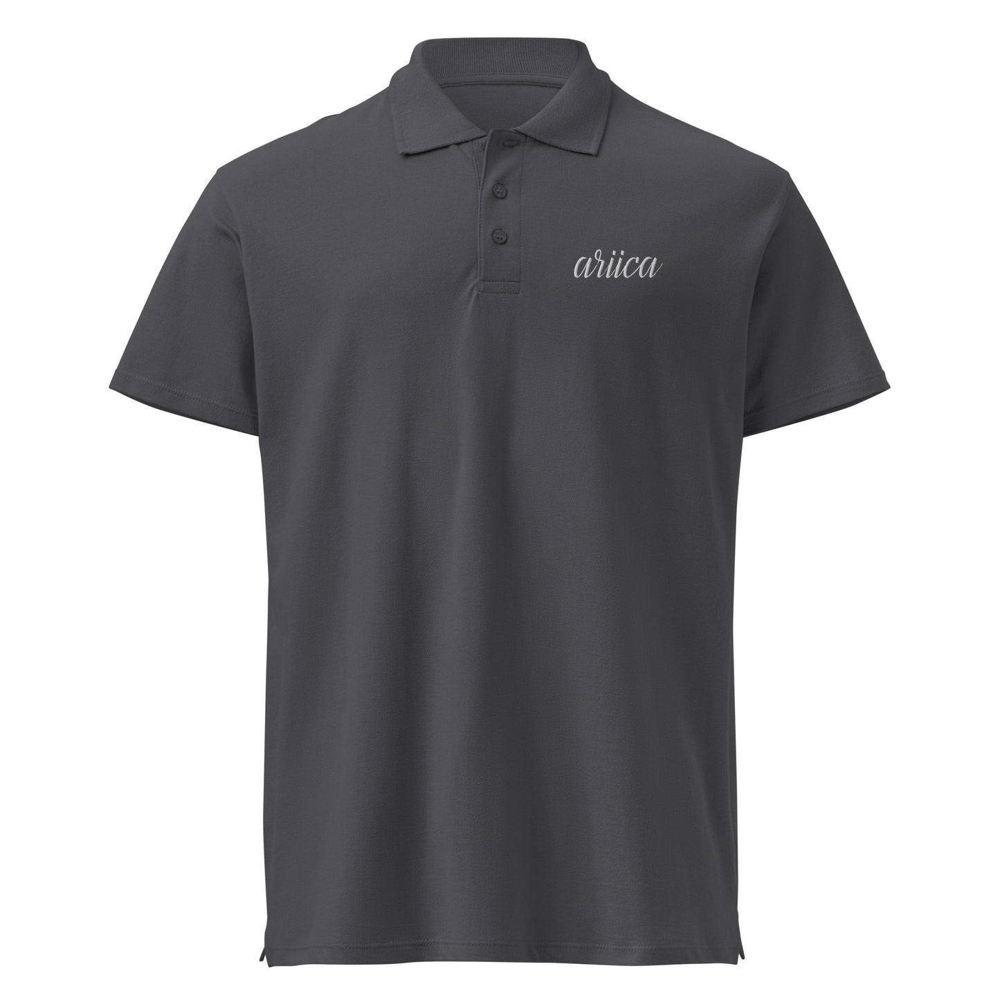 Mouse grey Premium Polo Shirt with subtle white embroidery, displayed on a ghost mockup to highlight its sleek design and high-quality craftsmanship.