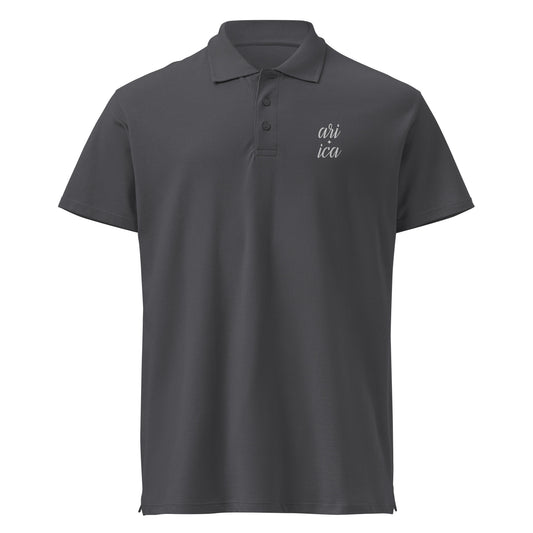 Mouse grey Premium Polo Shirt with subtle white Split embroidery, displayed on a ghost mockup to highlight its sleek design and high-quality craftsmanship.