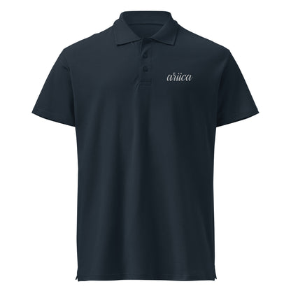 Navy Premium Polo Shirt with subtle white embroidery, displayed on a ghost mockup to highlight its sleek design and high-quality craftsmanship.