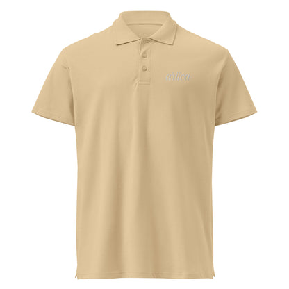 Sand Premium Polo Shirt with subtle white embroidery, displayed on a ghost mockup to highlight its sleek design and high-quality craftsmanship.