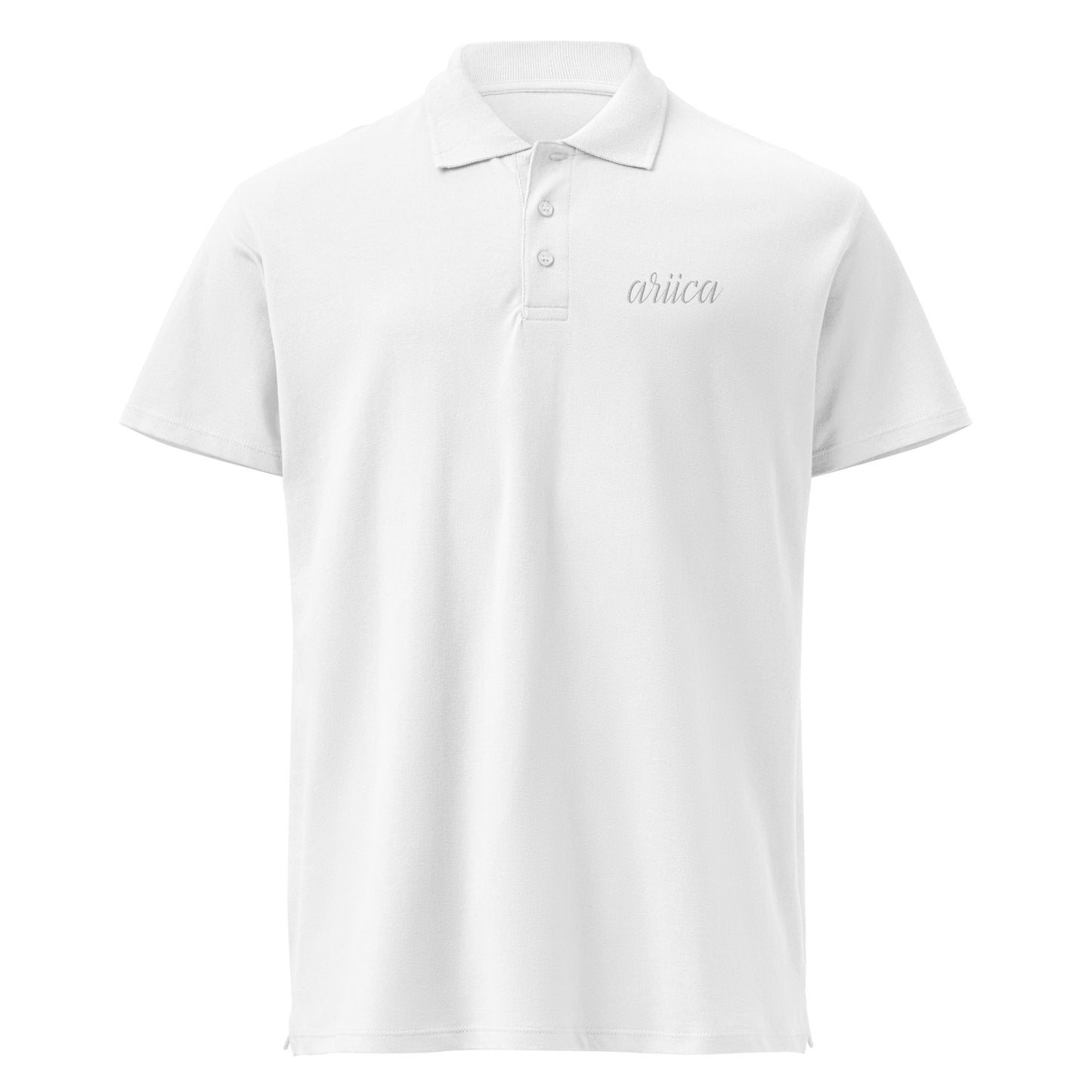 White Premium Polo Shirt with subtle white embroidery, displayed on a ghost mockup to highlight its sleek design and high-quality craftsmanship.