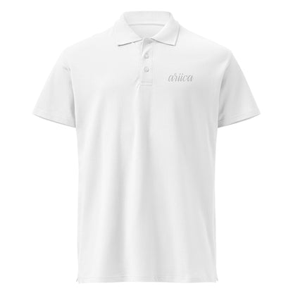 White Premium Polo Shirt with subtle white embroidery, displayed on a ghost mockup to highlight its sleek design and high-quality craftsmanship.