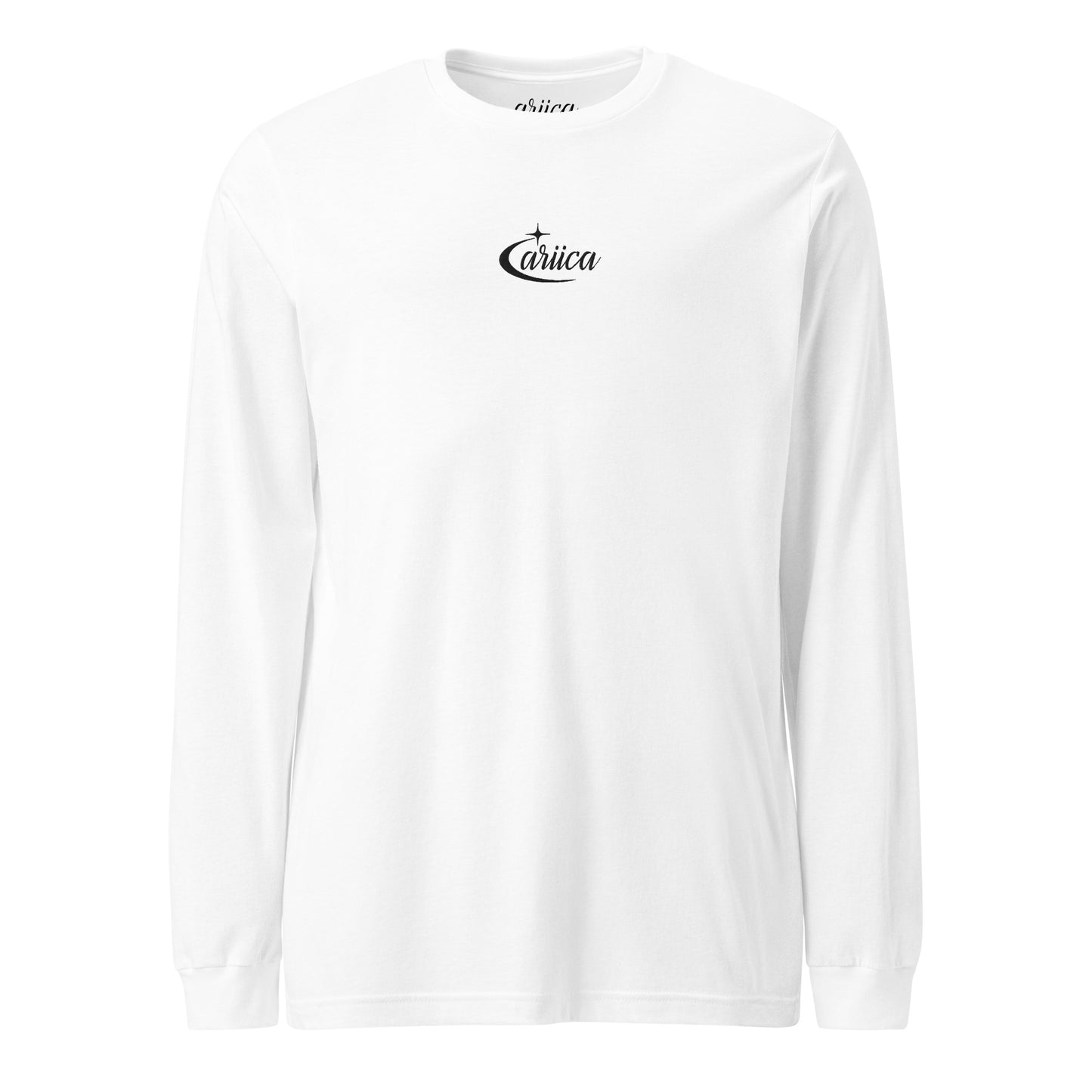 White Long Sleeve Tee with black Celestial Embroidery displayed on a ghost mannequin, showcasing minimalist luxury design.